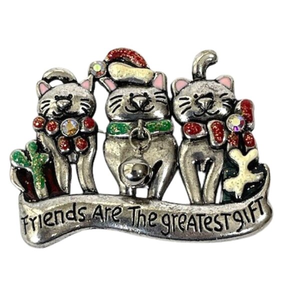 Silvertone three cat brooch. "Friends are the greatest gift" - Picture 1 of 6